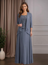 3 Pieces A-Line/Princess Square Neck Floor-Length Mother of the Bride Dresses with Jacket & Lace Appliques