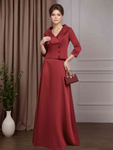 2 Pieces A-Line/Princess V-Neck 3/4 Length Sleeves Floor-Length Satin Mother of the Bride Dresses