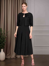 2 Pieces A-Line/Princess V-Neck Half Sleeves Tea-Length Mother of the Bride Dresses with Jacket & Bead Appliques