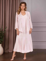 2 Pieces A-Line/Princess V-Neck Tea-Length Mother of the Bride Dresses with Jacket & Sequins