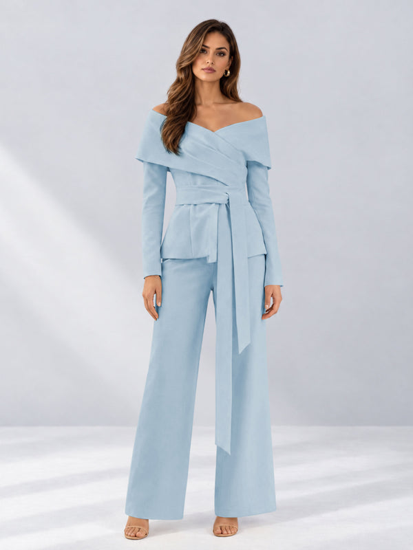 Light Blue 2 Pieces Chic Tailored Fit with Belt Women's Suits