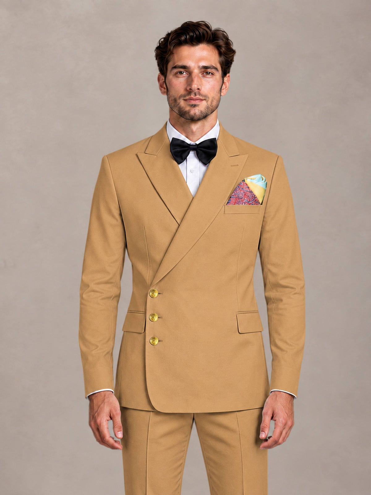Gold 2 Pieces Modern Style Double Breasted Comfortable Fit Men Suits for Business & Office