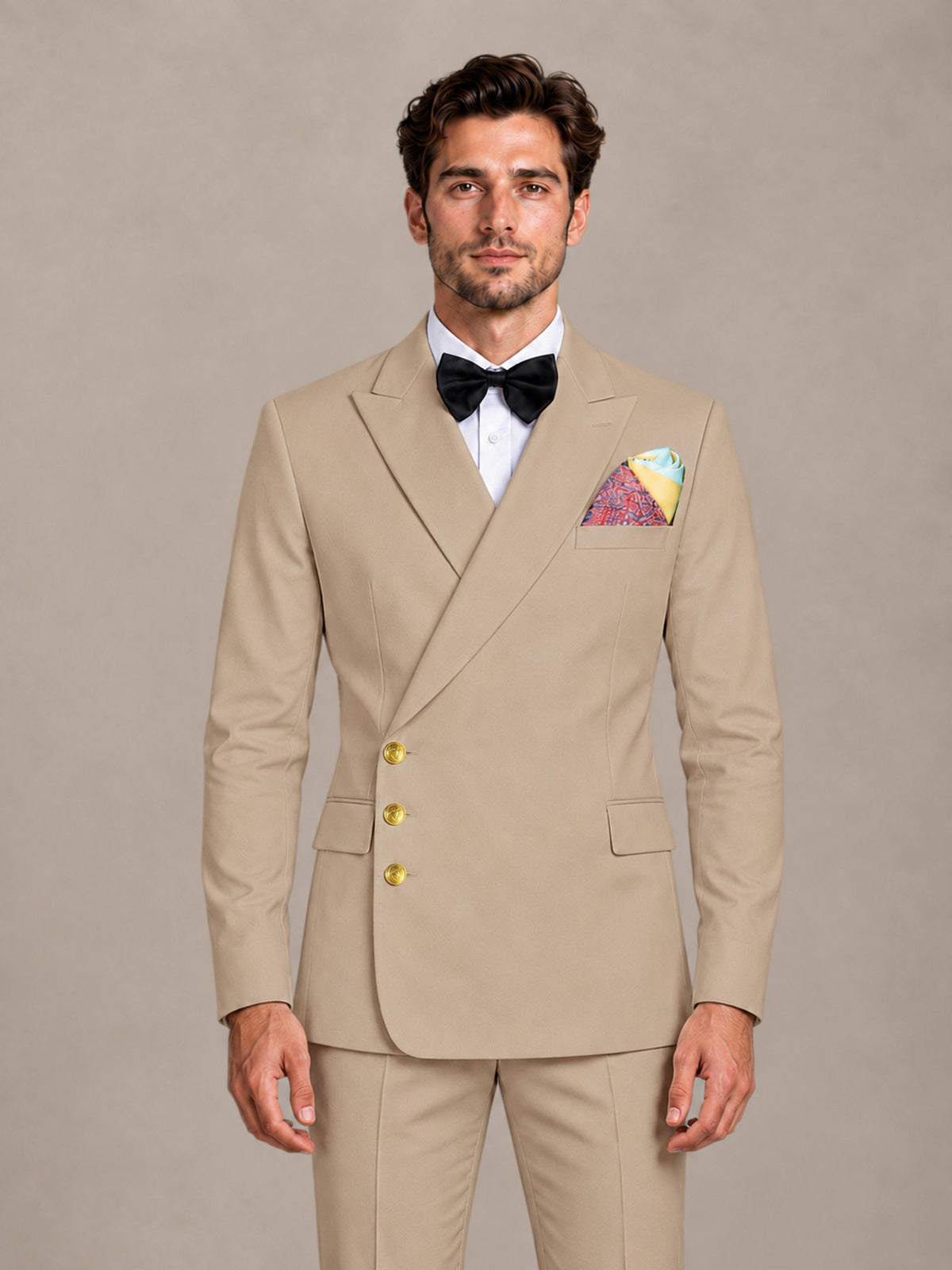 Khaki 2 Pieces Modern Style Double Breasted Comfortable Fit Men Suits for Business & Office