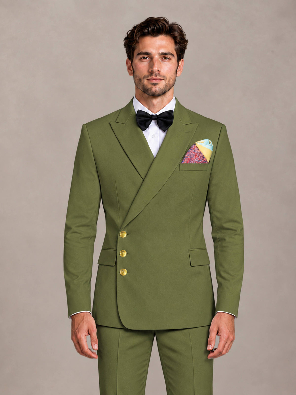 Olive Green 2 Pieces Modern Style Double Breasted Comfortable Fit Men Suits for Business & Office