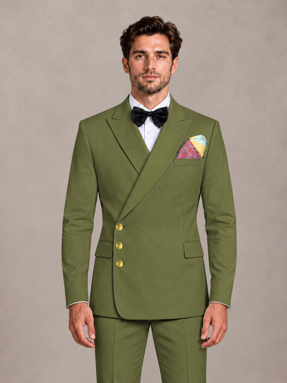 Olive Green 2 Pieces Modern Style Double Breasted Comfortable Fit Men Suits for Business & Office