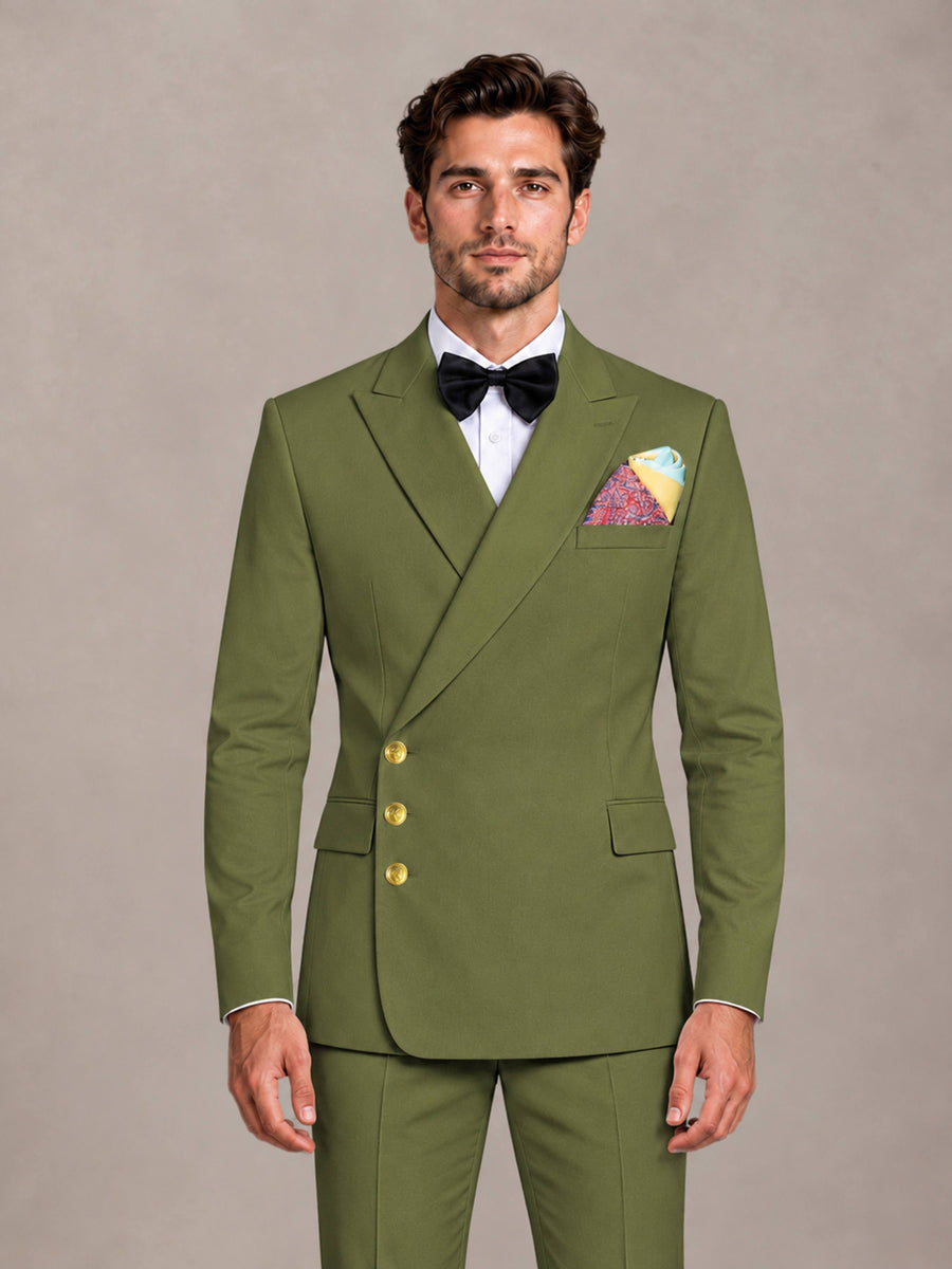 Olive Green 2 Pieces Modern Style Double Breasted Comfortable Fit Men Suits for Business & Office