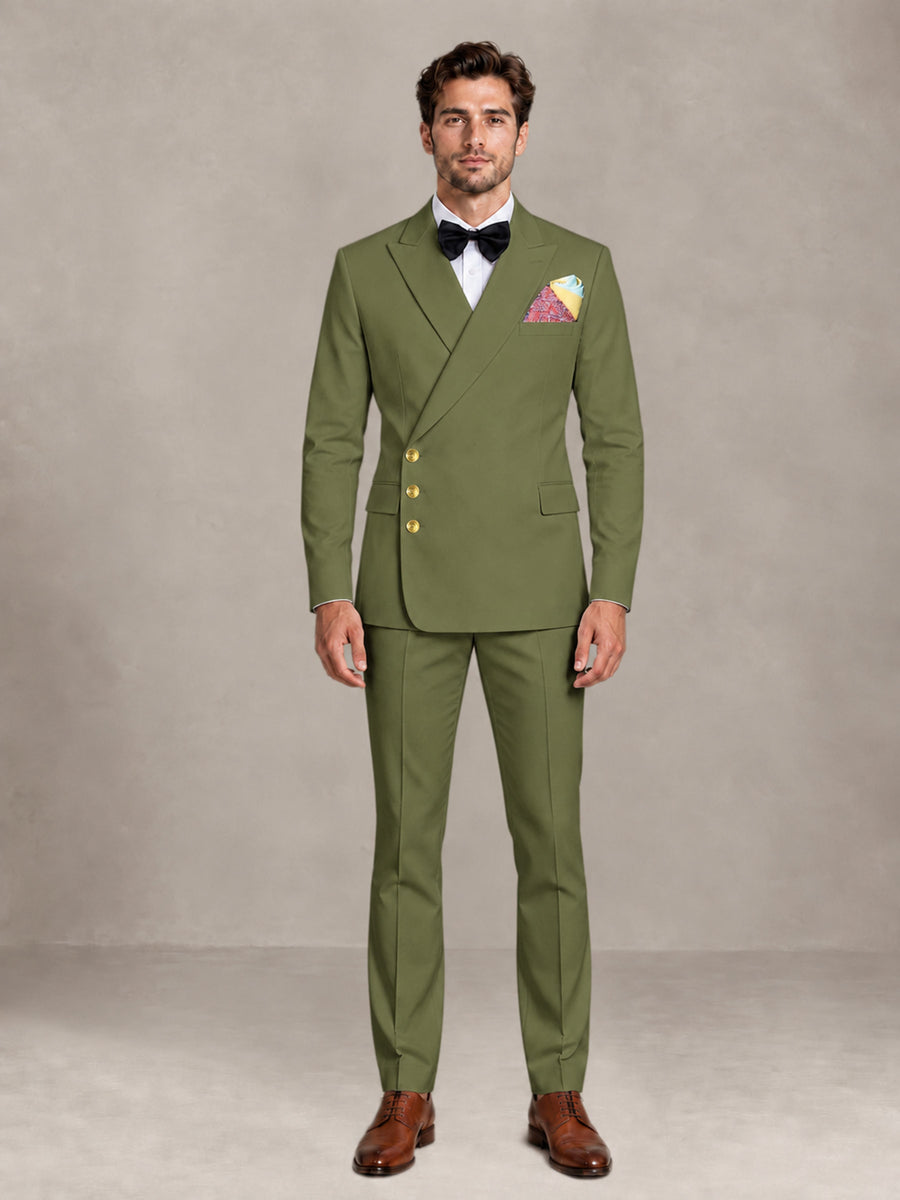 Olive Green 2 Pieces Modern Style Double Breasted Comfortable Fit Men Suits for Business & Office