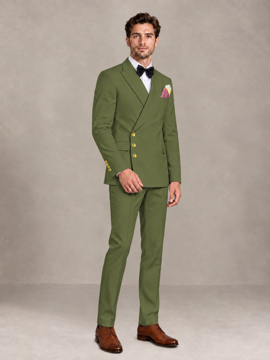 Olive Green 2 Pieces Modern Style Double Breasted Comfortable Fit Men Suits for Business & Office