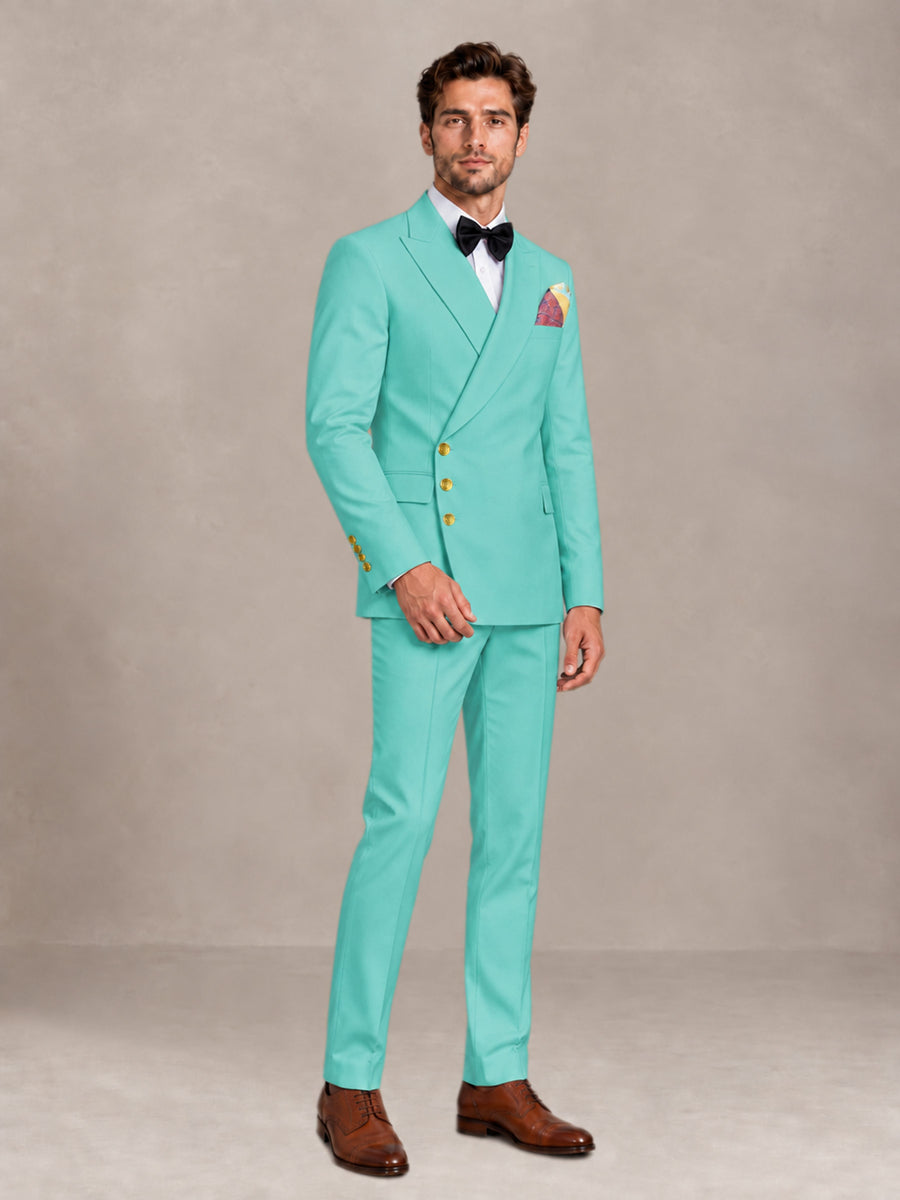 Turquoise 2 Pieces Modern Style Double Breasted Comfortable Fit Men Suits for Business & Office