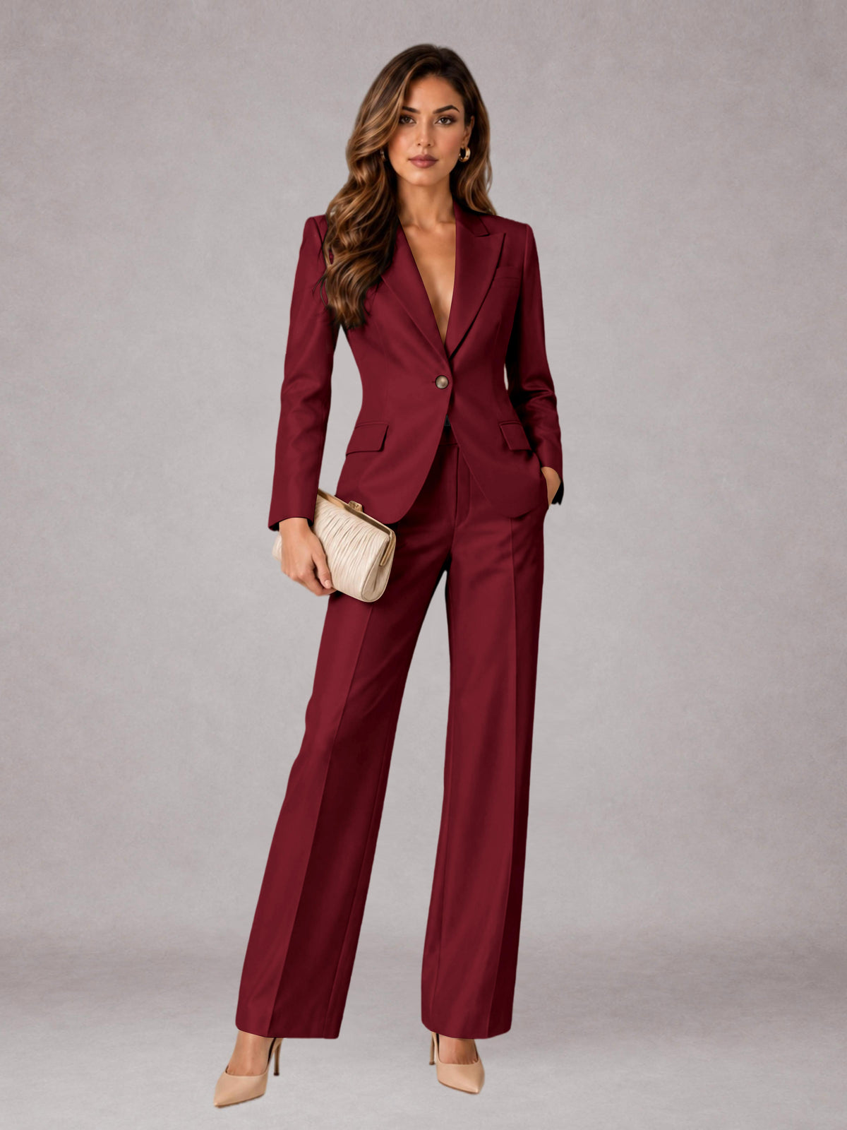 Burgundy 2 Pieces Regular Fit Peak Lapel One Button Women's Suits