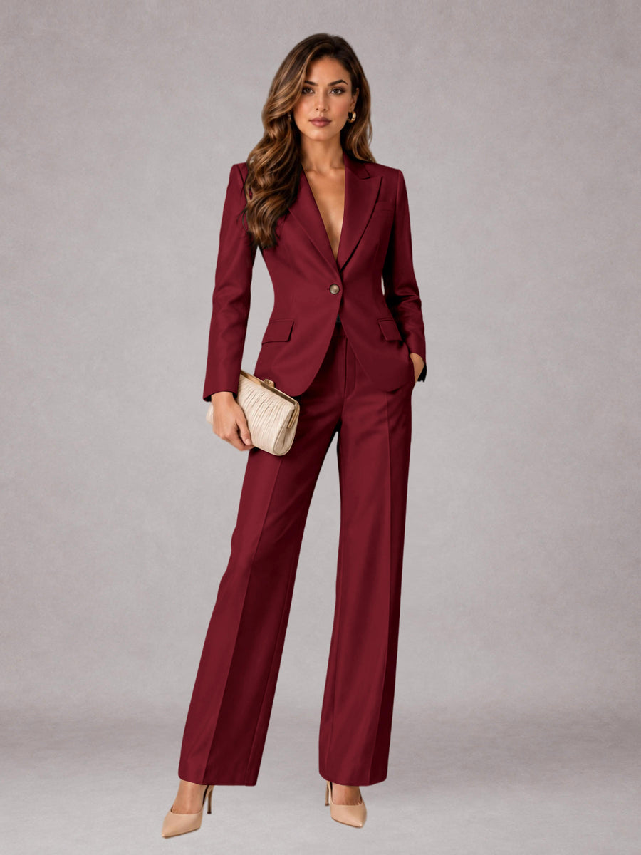 Burgundy 2 Pieces Regular Fit Peak Lapel One Button Women's Suits