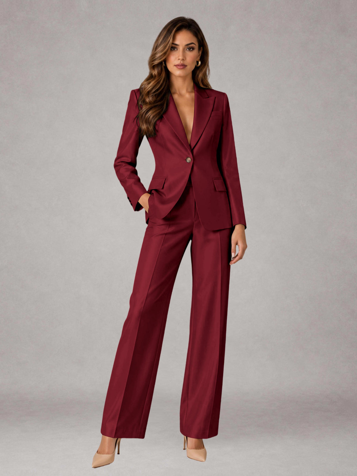 Burgundy 2 Pieces Regular Fit Peak Lapel One Button Women's Suits