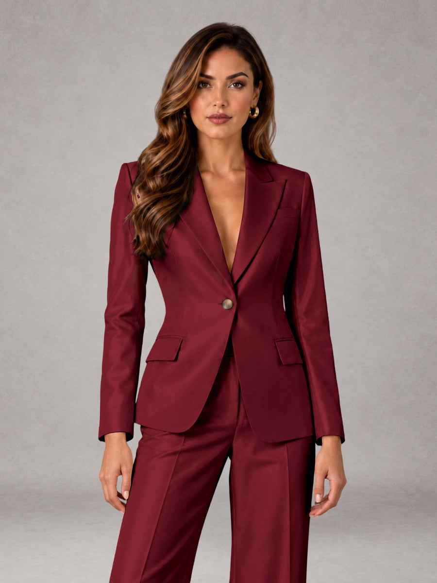 Burgundy 2 Pieces Regular Fit Peak Lapel One Button Women's Suits