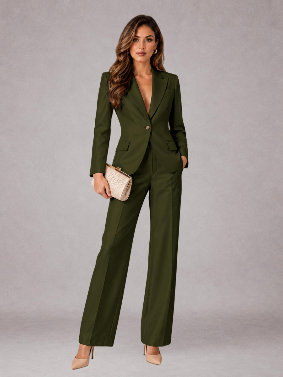 Dark Olive 2 Pieces Regular Fit Peak Lapel One Button Women's Suits