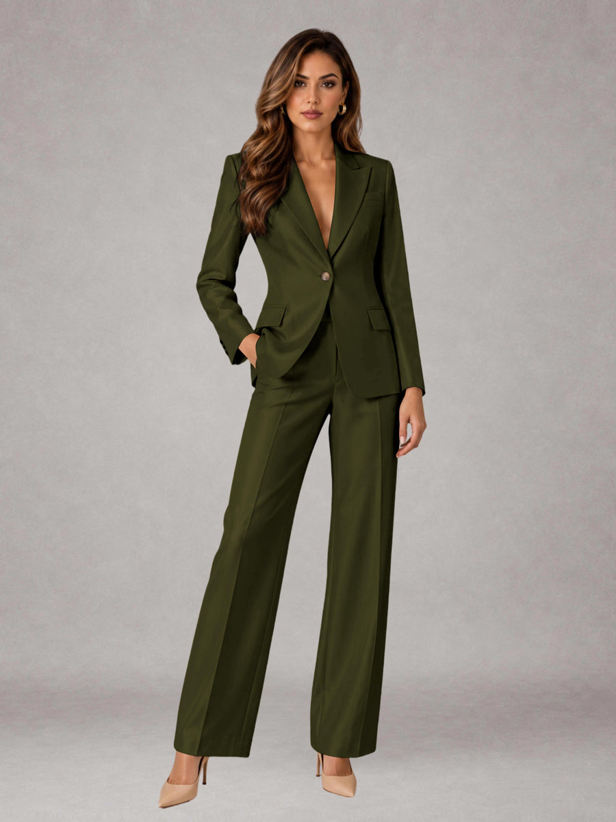 Dark Olive 2 Pieces Regular Fit Peak Lapel One Button Women's Suits