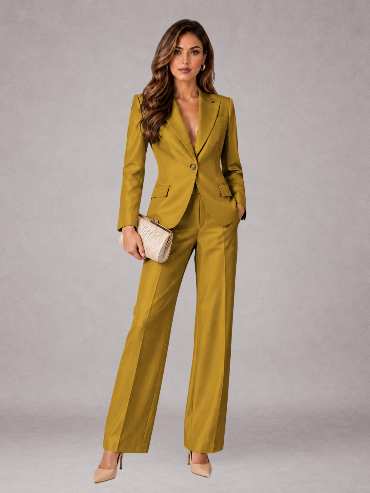 Gold 2 Pieces Regular Fit Peak Lapel One Button Women's Suits