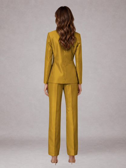 Gold 2 Pieces Regular Fit Peak Lapel One Button Women's Suits