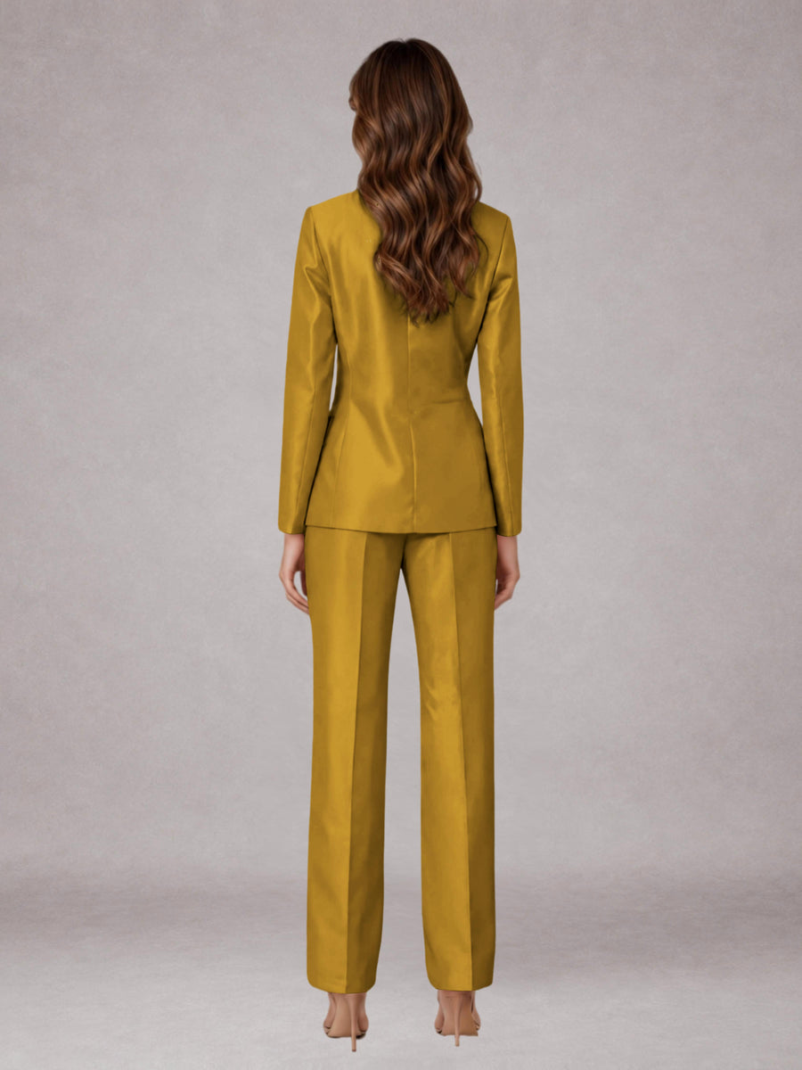 Gold 2 Pieces Regular Fit Peak Lapel One Button Women's Suits