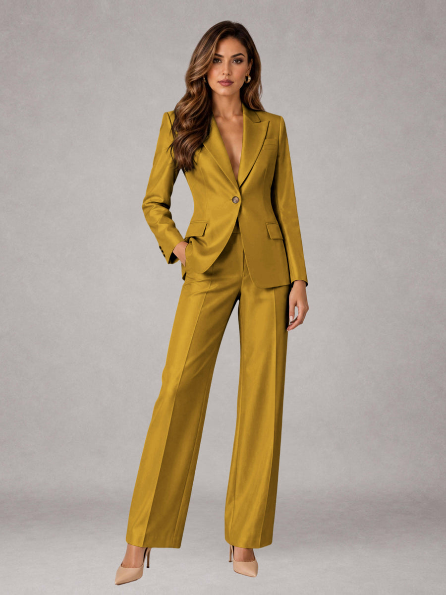 Gold 2 Pieces Regular Fit Peak Lapel One Button Women's Suits