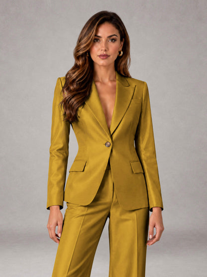 Gold 2 Pieces Regular Fit Peak Lapel One Button Women's Suits