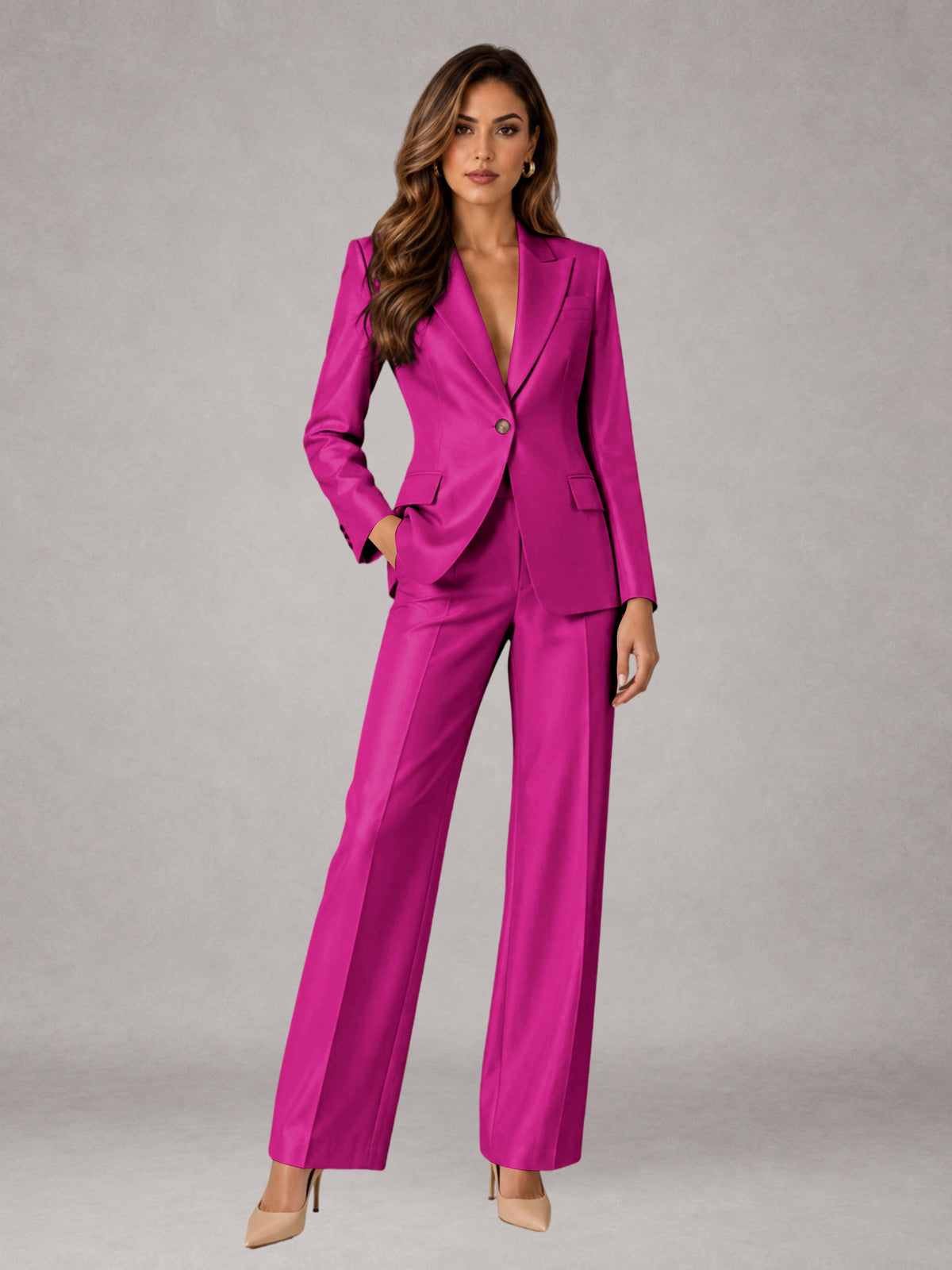 Hot Pink 2 Pieces Regular Fit Peak Lapel One Button Women's Suits