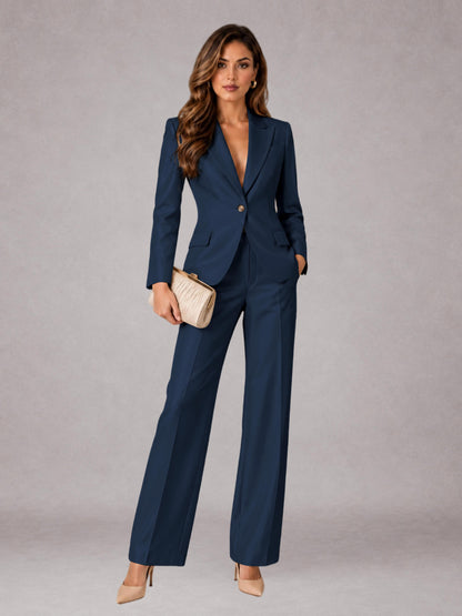 Navy Blue 2 Pieces Regular Fit Peak Lapel One Button Women's Suits