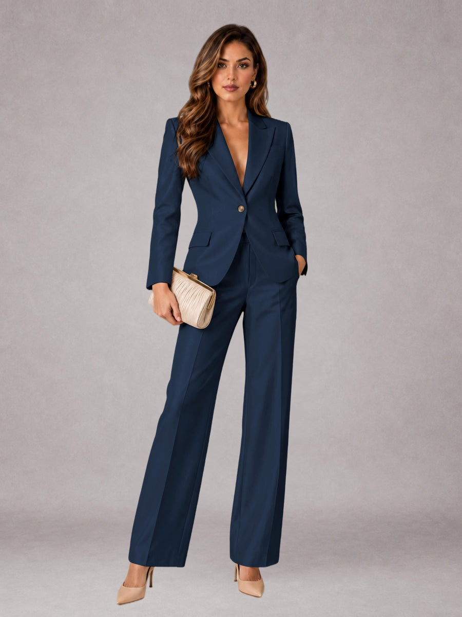 Navy Blue 2 Pieces Regular Fit Peak Lapel One Button Women's Suits