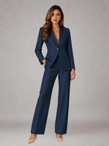Navy Blue 2 Pieces Regular Fit Peak Lapel One Button Women's Suits