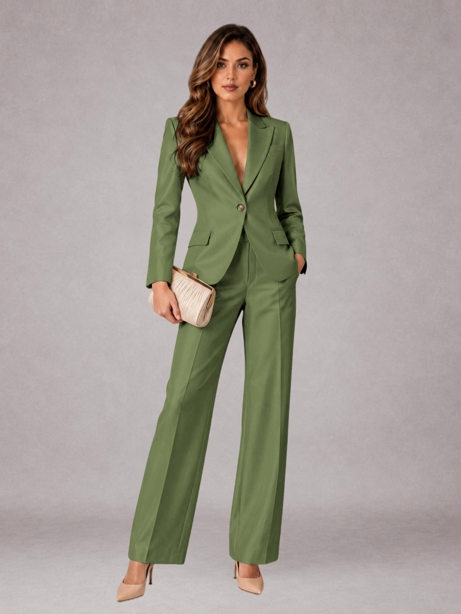 Olive Green 2 Pieces Regular Fit Peak Lapel One Button Women's Suits