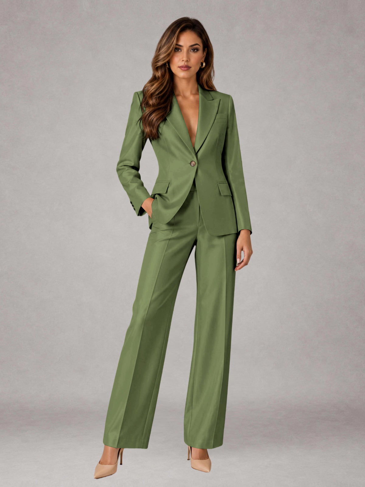 Olive Green 2 Pieces Regular Fit Peak Lapel One Button Women's Suits