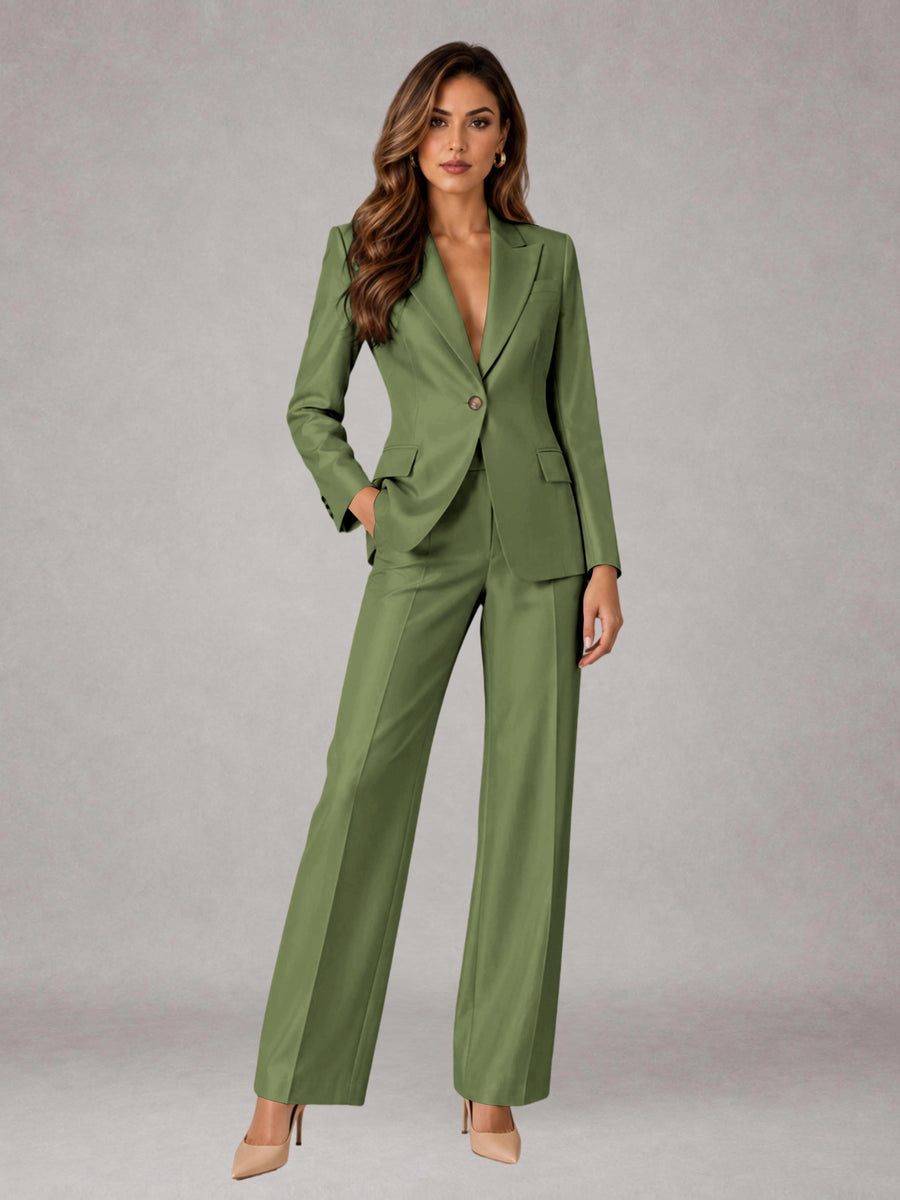 Olive Green 2 Pieces Regular Fit Peak Lapel One Button Women's Suits