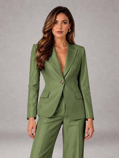 Olive Green 2 Pieces Regular Fit Peak Lapel One Button Women's Suits