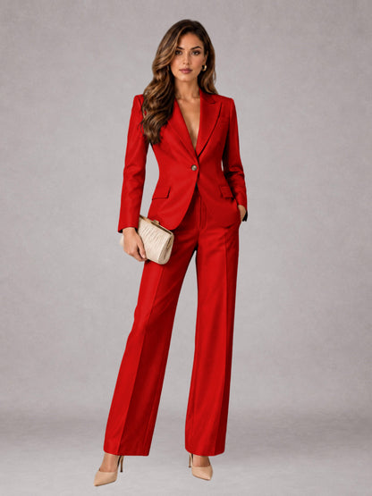 Red 2 Pieces Regular Fit Peak Lapel One Button Women's Suits