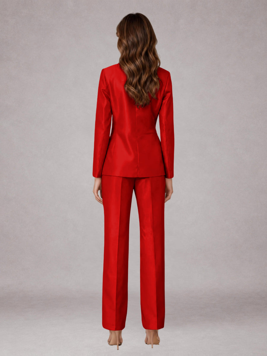 Red 2 Pieces Regular Fit Peak Lapel One Button Women's Suits