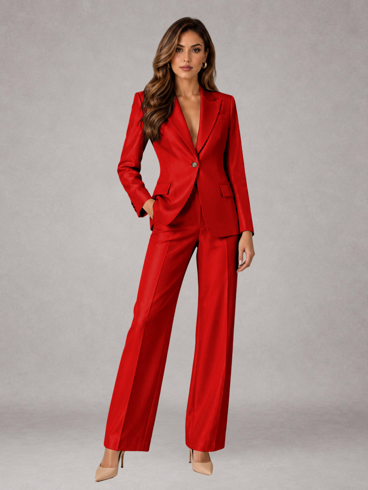 Red 2 Pieces Regular Fit Peak Lapel One Button Women's Suits