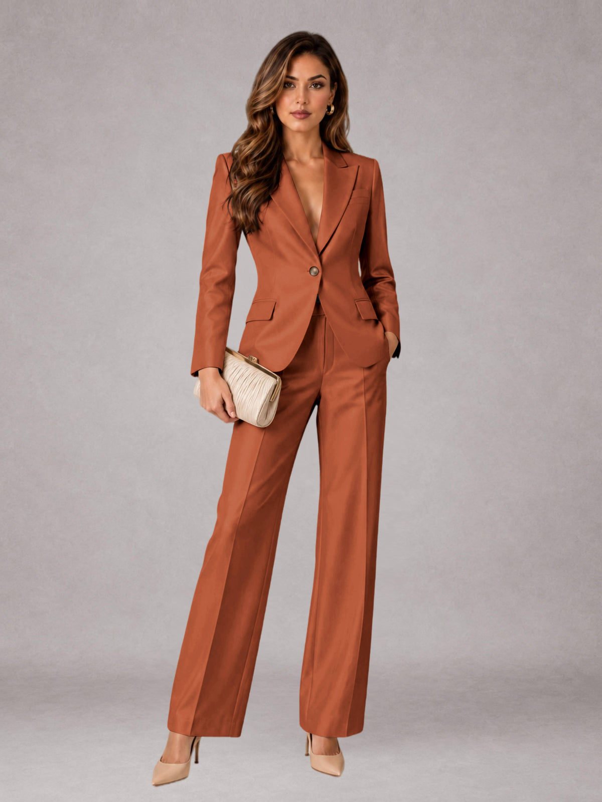 Rust 2 Pieces Regular Fit Peak Lapel One Button Women's Suits