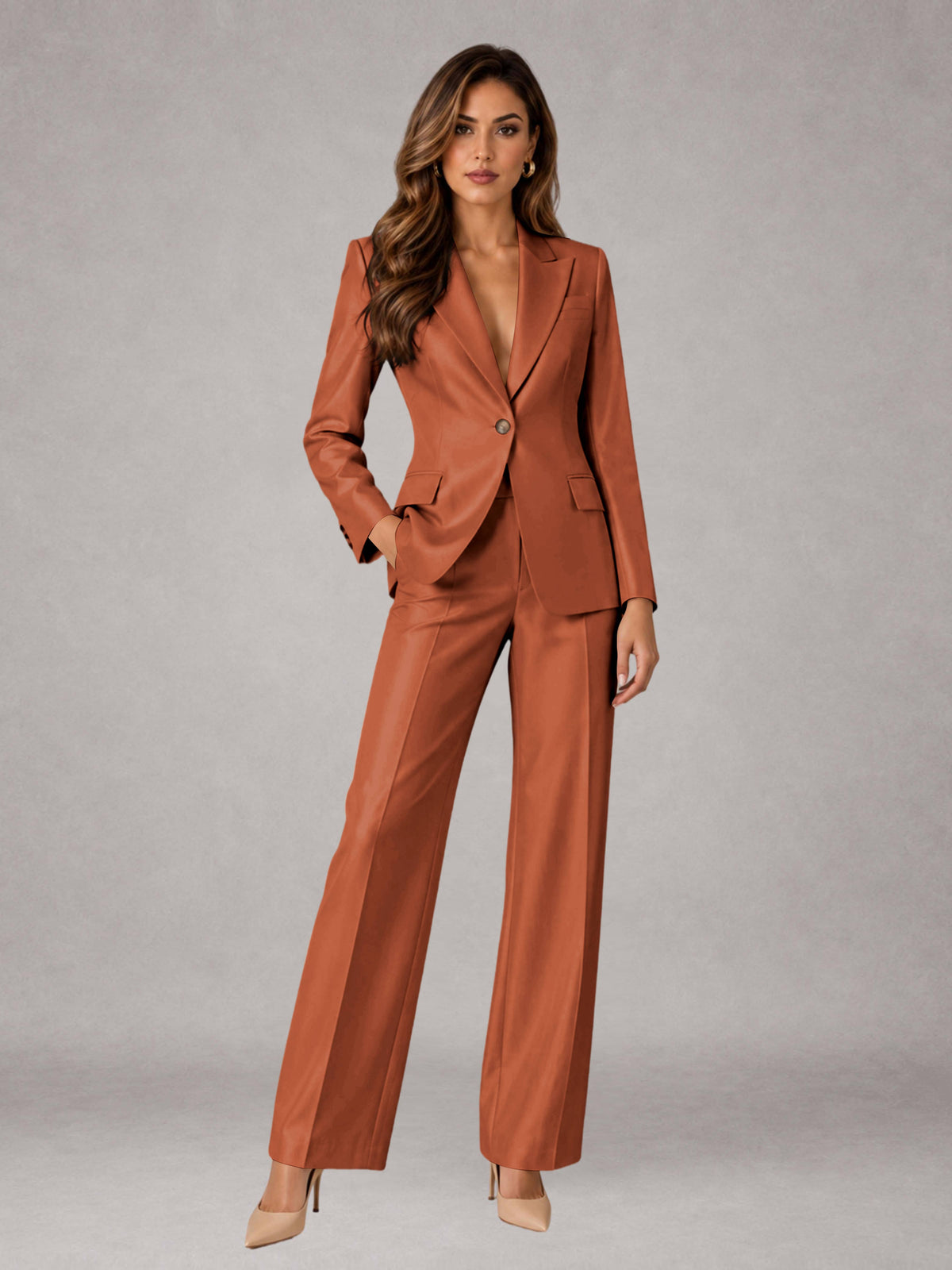 Rust 2 Pieces Regular Fit Peak Lapel One Button Women's Suits