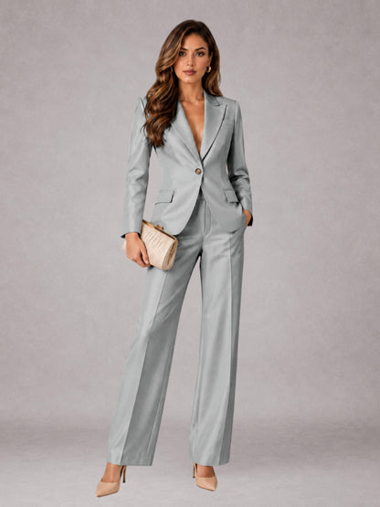 Silver 2 Pieces Regular Fit Peak Lapel One Button Women's Suits