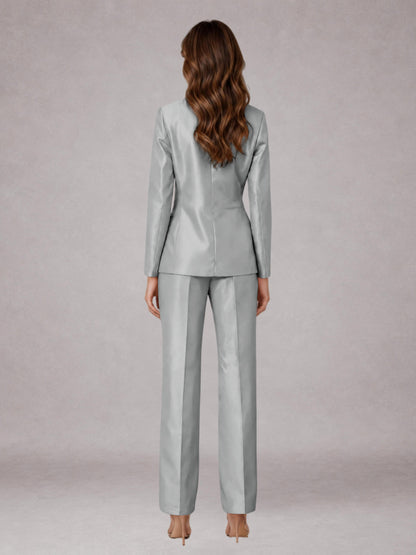 Silver 2 Pieces Regular Fit Peak Lapel One Button Women's Suits