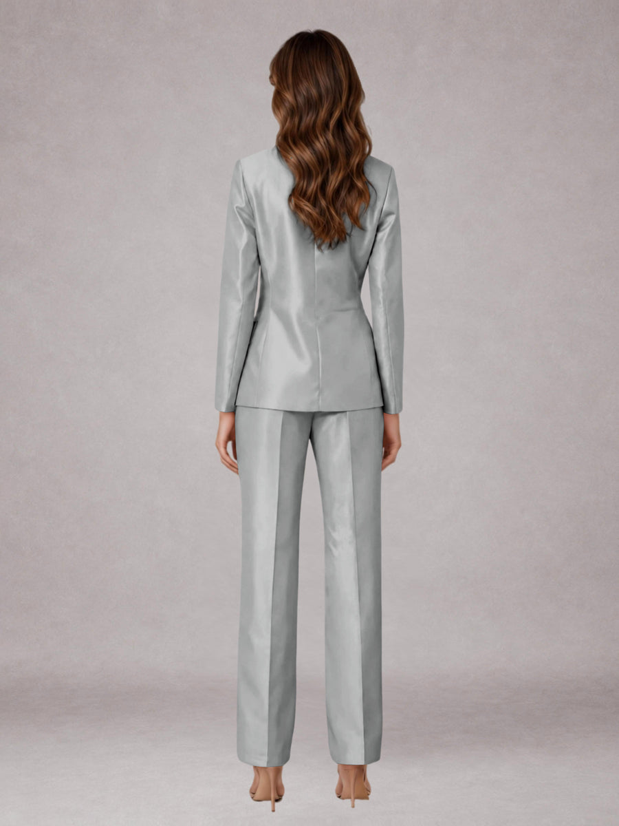 Silver 2 Pieces Regular Fit Peak Lapel One Button Women's Suits