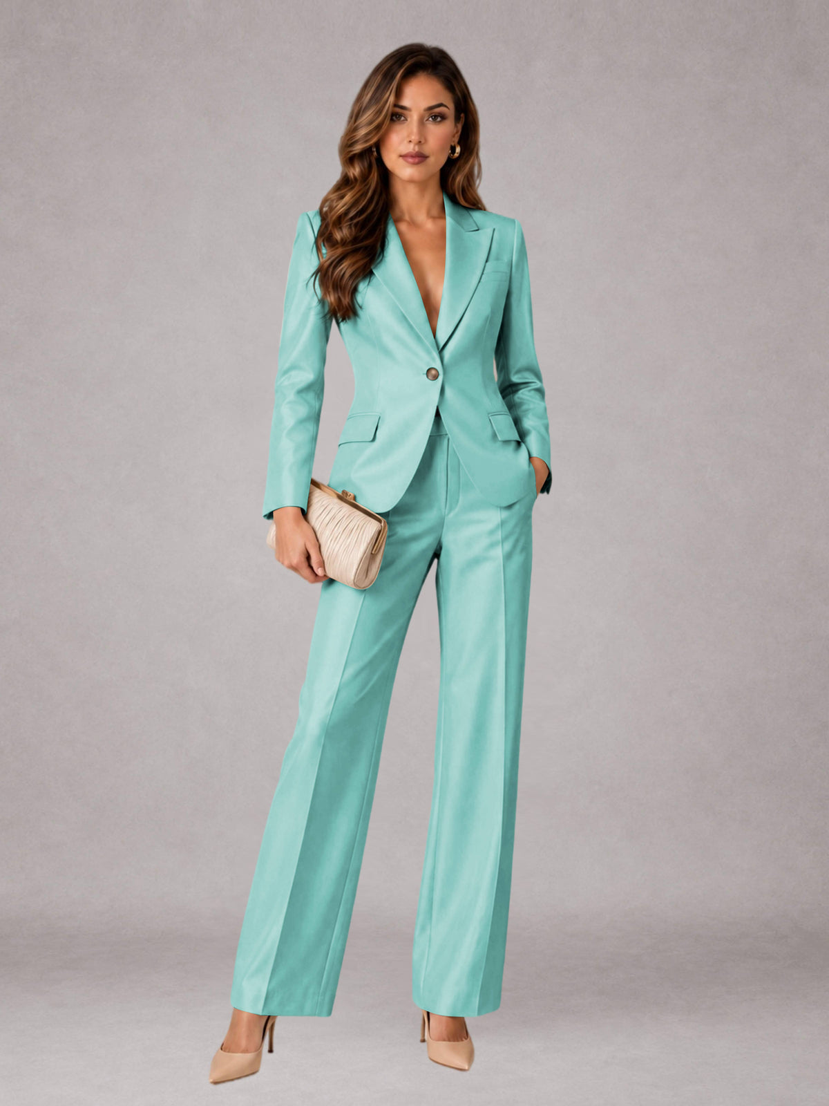 Turquoise 2 Pieces Regular Fit Peak Lapel One Button Women's Suits