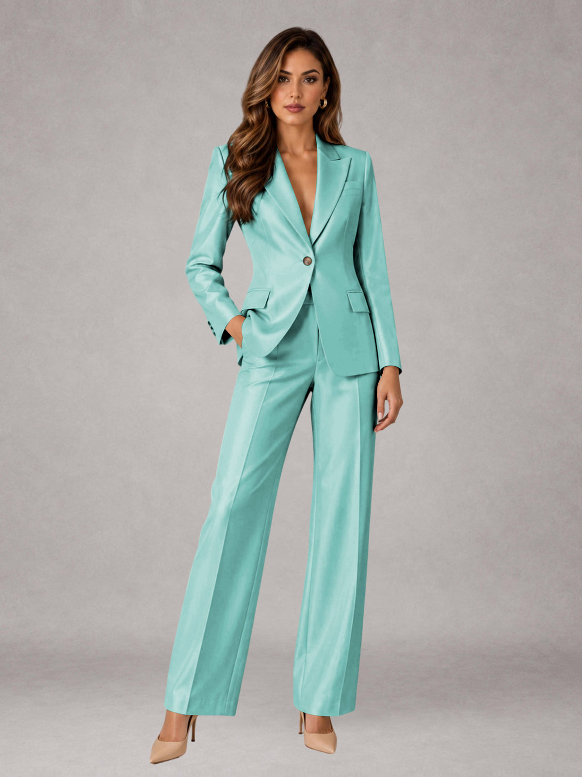 Turquoise 2 Pieces Regular Fit Peak Lapel One Button Women's Suits