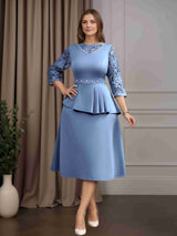 2 Pieces Round Neck 3/4 Length Sleeves Tea-Length Plus Size Mother of the Bride Dresses with Ruffles, Pearls & Lace Appliques