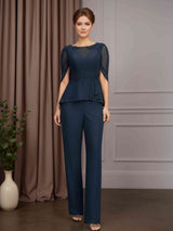 2 Pieces Scoop Neck Ankle-Length Mother of the Bride Pantsuits with Appliques,Beads & Sequins