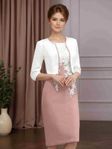 2 Pieces Sheath/Column Round Neck Knee-Length Mother of the Bride Dresse with Appliques & Jacket