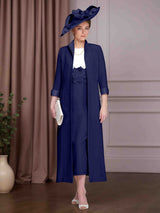 2 Pieces Sheath/Column Round Neck 3/4 Length Sleeves Tea-Length Mother of the Bride Dresses with Jacket &  Appliques