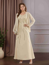 2 Pieces Sheath/Column V-Neck Ankle-Length Mother of the Bride Dresses with Sequins, Beads & Jacket