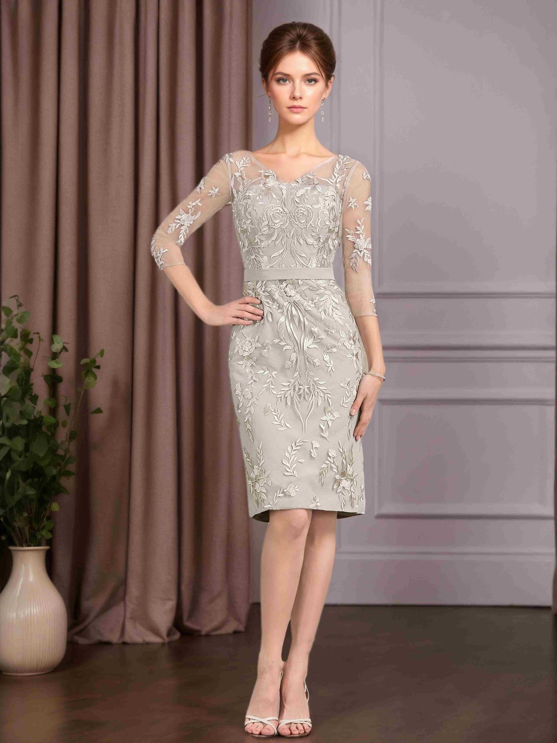 Pieces Sheath/Column V-Neck Knee-Length Mother of the Bride
