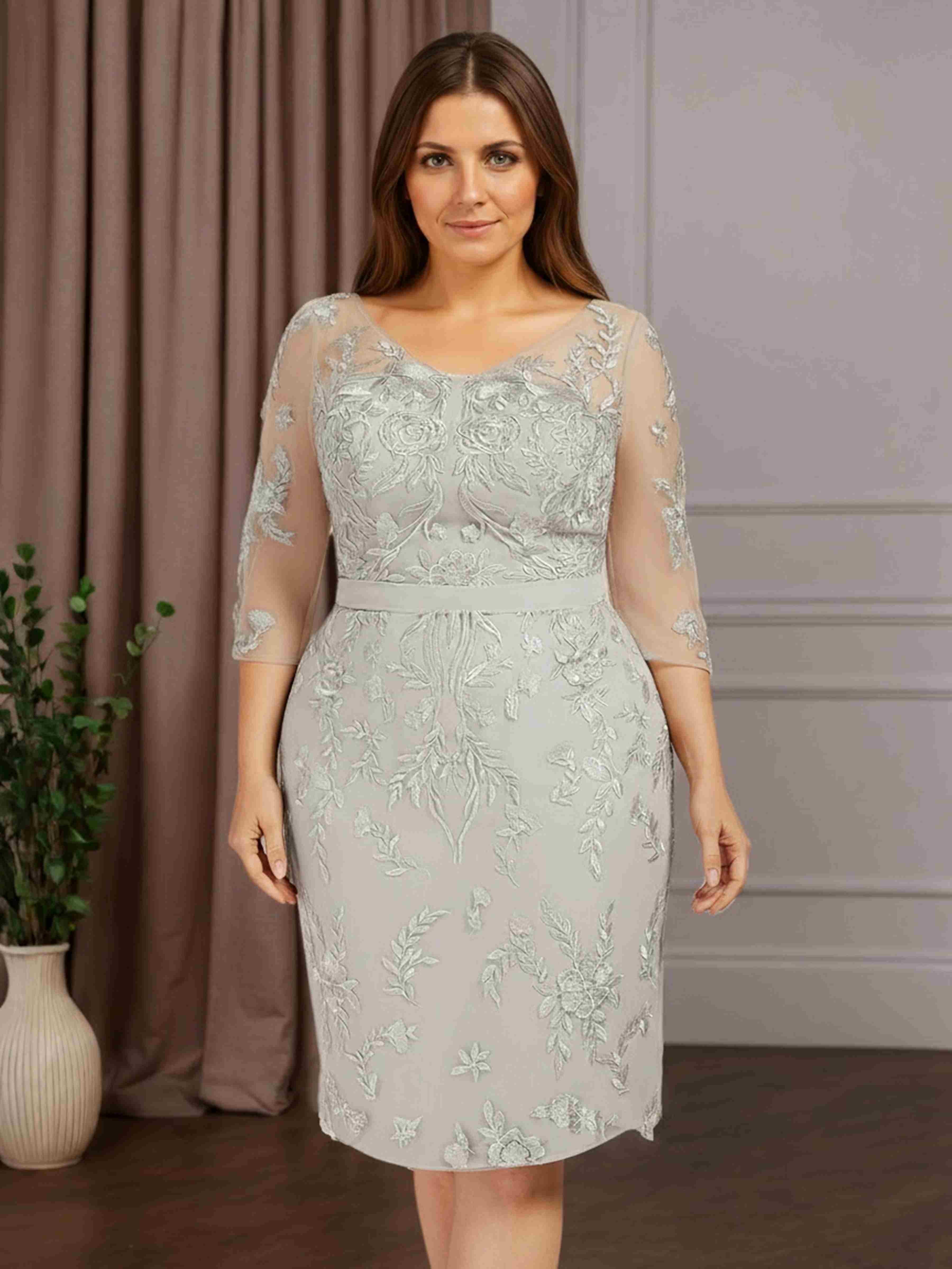 2 Pieces Sheath/Column V-Neck Knee-Length Plus Size Mother of the Brid –  mollyevers.com