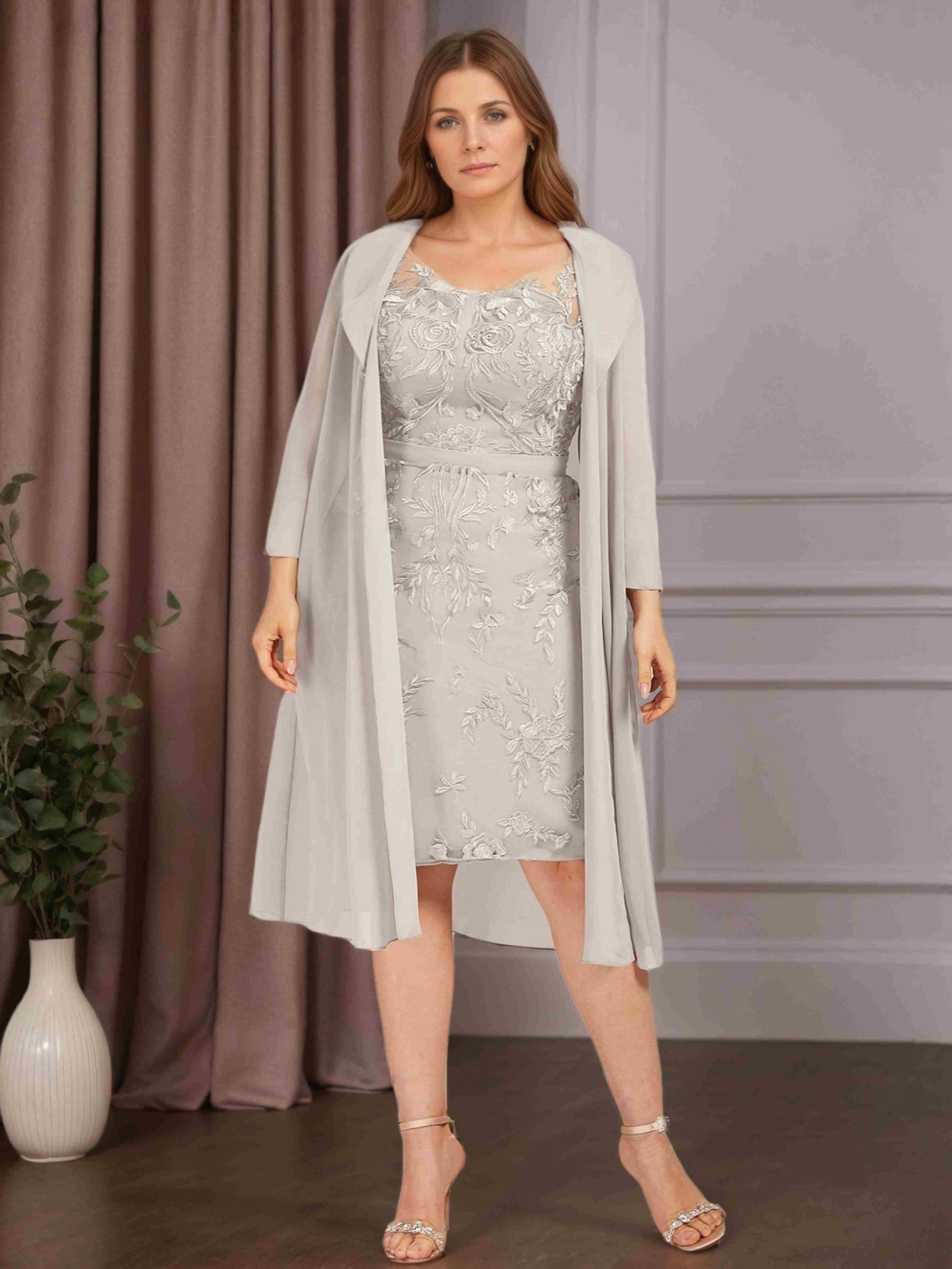 2 Pieces Sheath/Column V-Neck Knee-Length Plus Size Mother of the Bride  Dress with Jacket & Lace Appliques